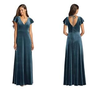 AFTER SIX Flutter Sleeve Formal Velvet Maxi Dress in Dutch Blue w/ Pockets sz 2